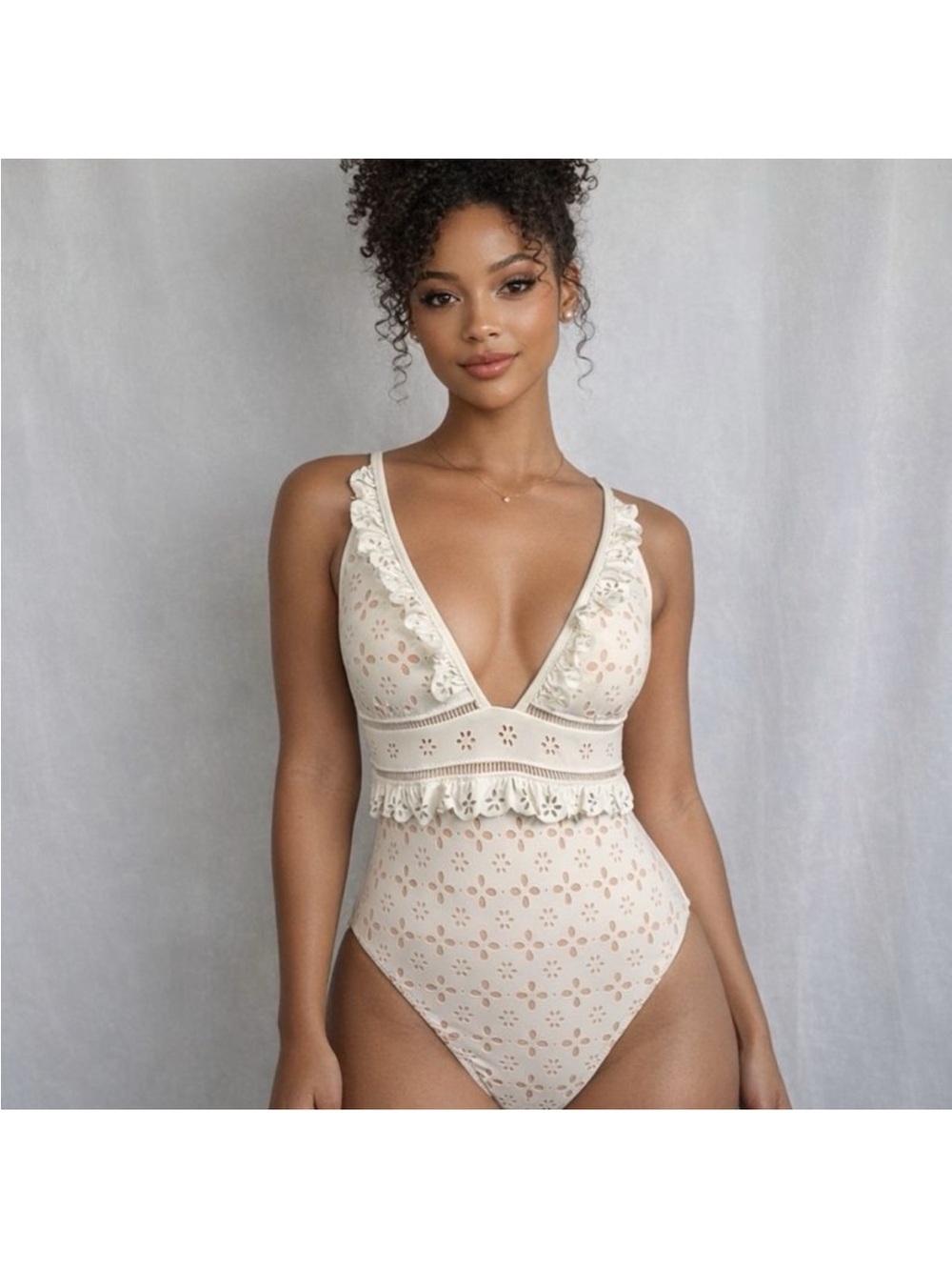 J. Crew scalloped ruffle plunge laser cut eyelet one-piece swimsuit, 8, Ivory